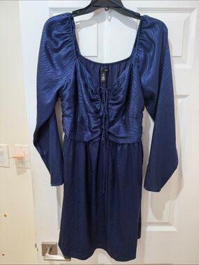 Aqua Navy Blue Long-Sleeve Ruched Front Dress